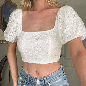 Altar'd State White Eyelet Puff Sleeve Crop Top, Square Neck, Size S